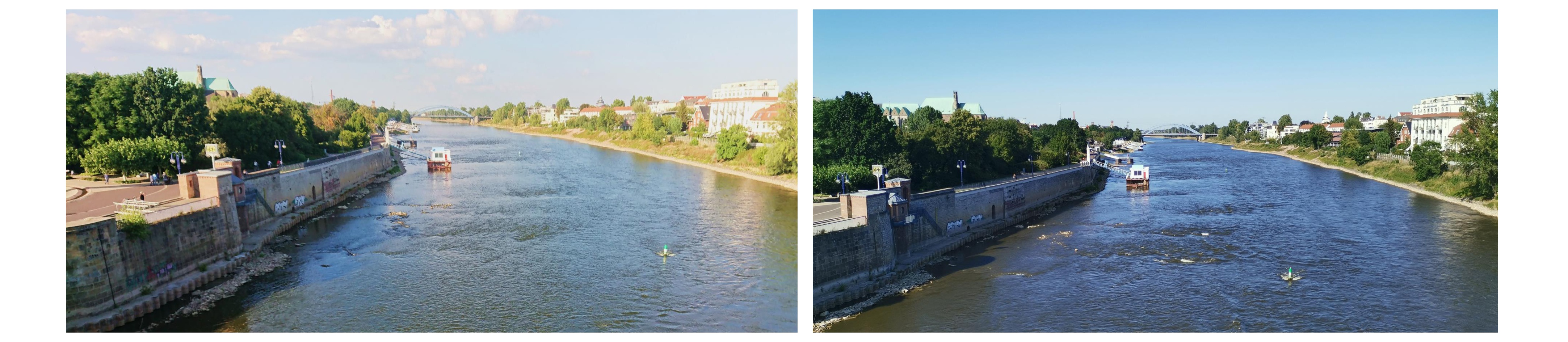 Blick von der Strombr&uuml;cke in Magdeburg flussabw&auml;rts. Links am 09.08.2018 bei einem Wasserstand von 50 cm, rechts am 26.07.2019 bei einem Wasserstand von 53 cm. Quelle: Daniel Graeber (UFZ)